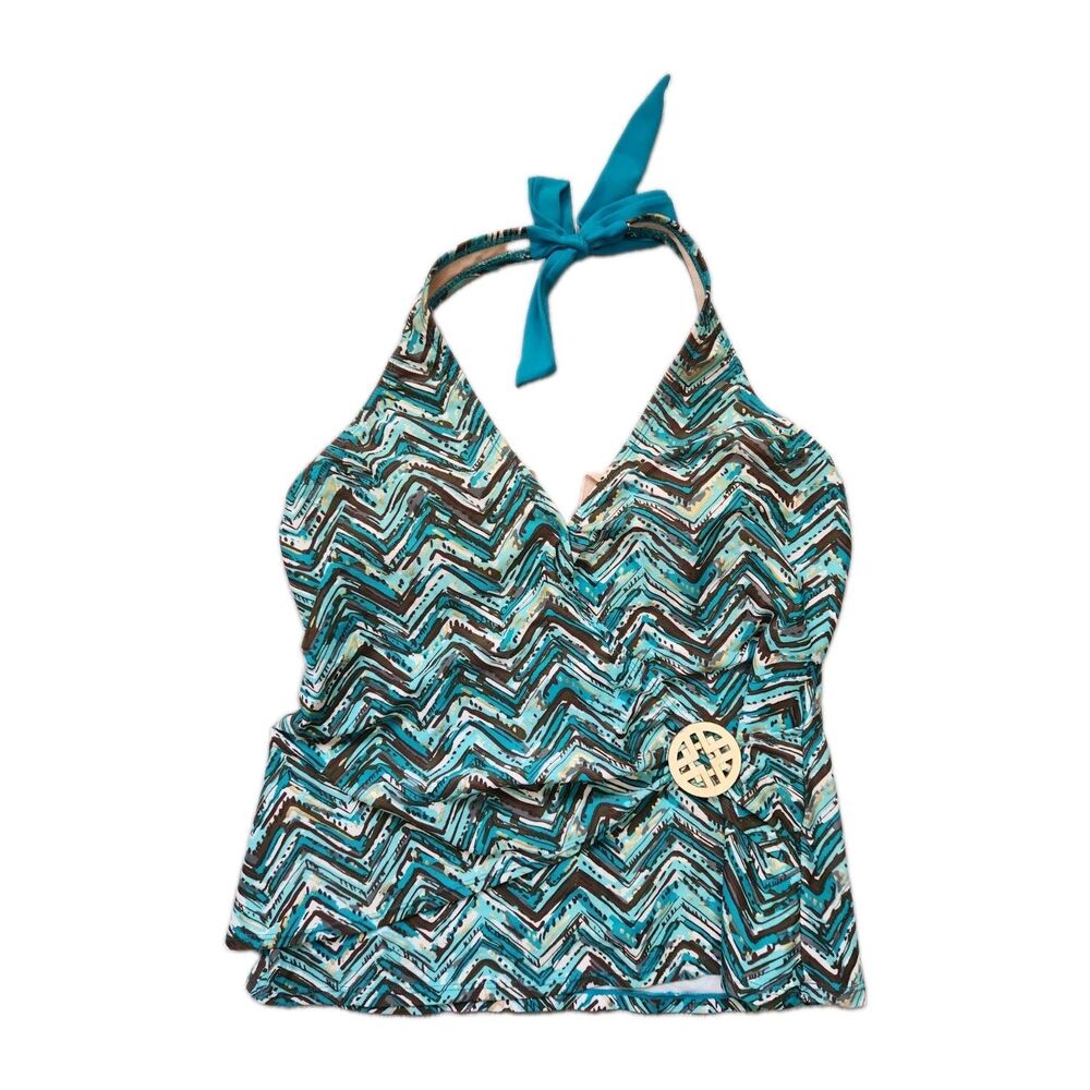 Jaclyn Smith Tankini Top Blue Brown Stripe Medallion Halter Swim Sz 12 GUC